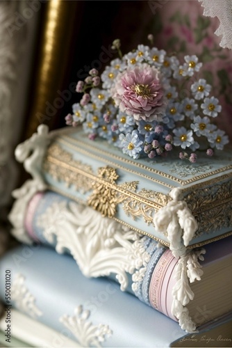 fairytale books, covered with rococo wild flowers and daisies