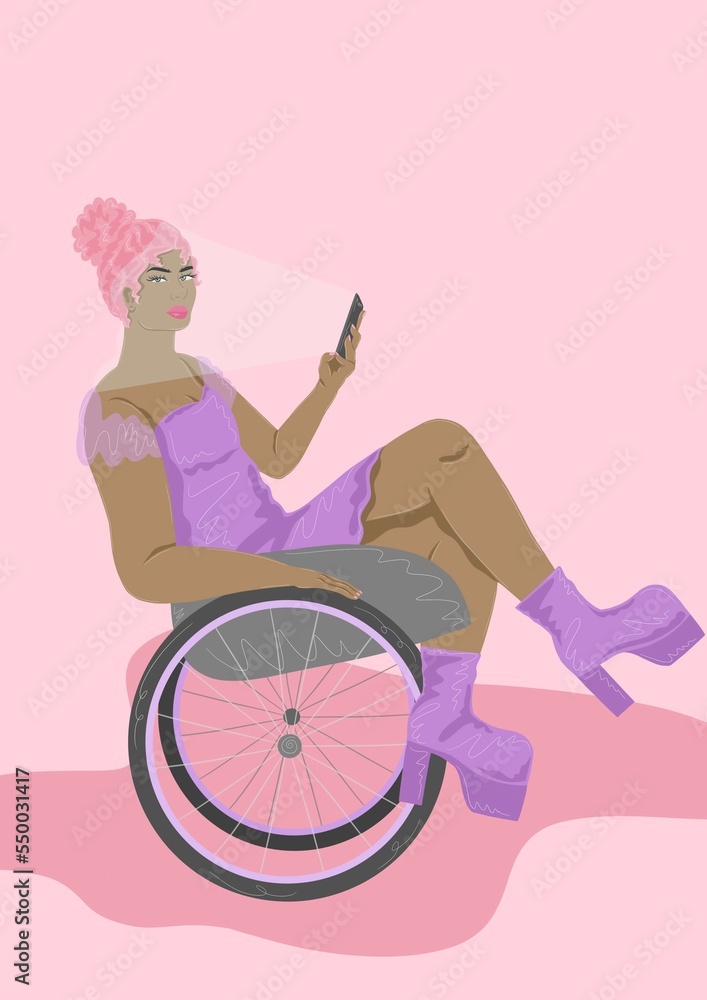 Woman in wheelchair using phone - obrazy, fototapety, plakaty 
