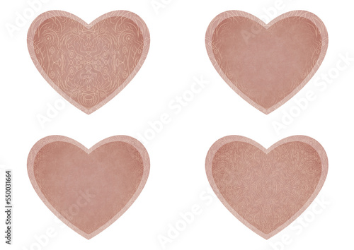 Set of 4 heart shaped valentine's cards. 2 with pattern, 2 with copy space. Pale pink background and light beige pattern on it. Cloth texture. Hearts size about 8x7 inch / 21x18 cm (p03ab)