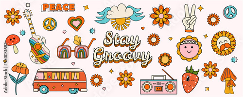 Set of different groovy style stickers. Style 60-70s. Vector stock illustration. Hippie. Mustache, guitar, flowers, sun, clouds, fingers, heart, mushrooms, tape recorder, world.