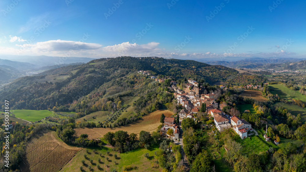 Italy, November 26, 2022: aerial view of the village of Colbordolo in the province of Pesaro and Urbino in the Marche region