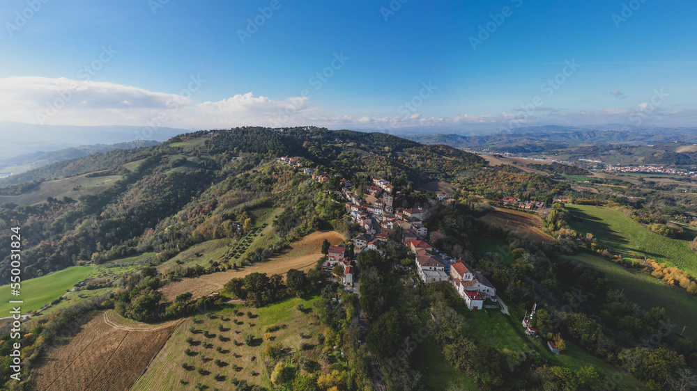 Italy, November 26, 2022: aerial view of the village of Colbordolo in the province of Pesaro and Urbino in the Marche region