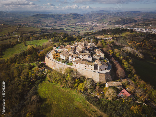 Italy, November 26, 2022: aerial view of the medieval village of Montefabbri in the province of Pesaro and Urbino in the Marche region photo