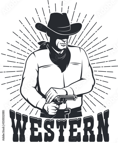 Cowboy shoots a pistol - western retro logo. Wild west vintage emblem with Gunslinger.
