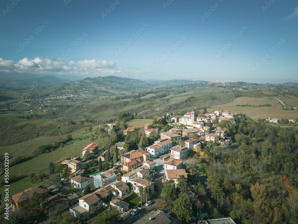 Italy, November 26, 2022: aerial view of the village of Montecalvo in Foglia in the province of Pesaro and Urbino in the Marche region Italy, November 26, 2022: aerial view of the village of Montecalvo in Foglia in the province of Pesaro and Urbino in the Marche region