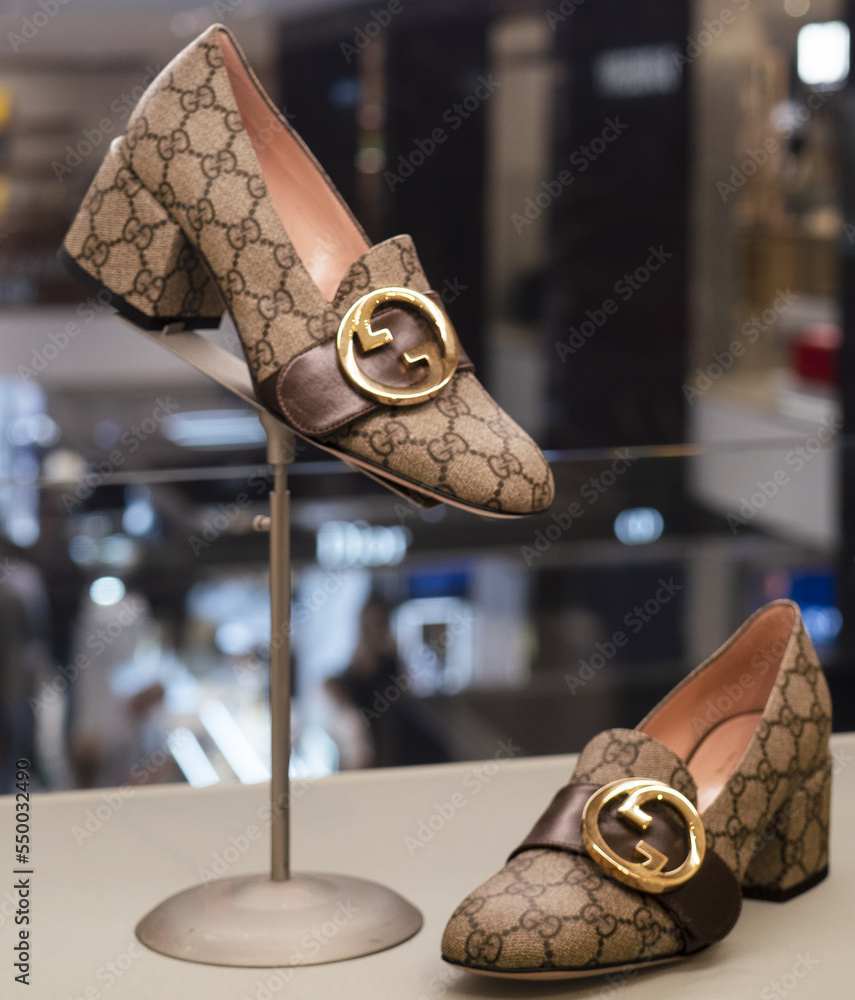 luxury women's shoes by Gucci in designer fabric.Milan - Italy,November 17,  2022 Stock Photo | Adobe Stock
