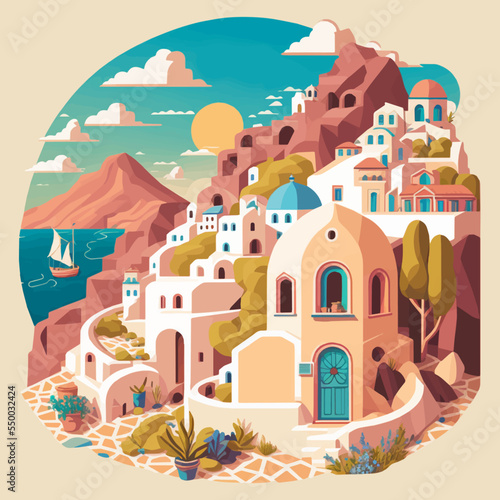 Santorini Greece Aegean Hotel View Vacation Travel Tour Landmark Flat Vector