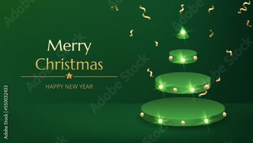 Merry Christmas Happy New Year background. Green Christmas tree 3d render of cylinder, sharp cone, lush pine and spruce green tree stage. Round studio podium, realistic 3d decorative garland glow.