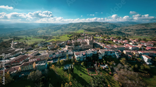 Italy, November 26, 2022: aerial view of the medieval village of Tavoleto in the province of Pesaro and Urbino in the Marche region