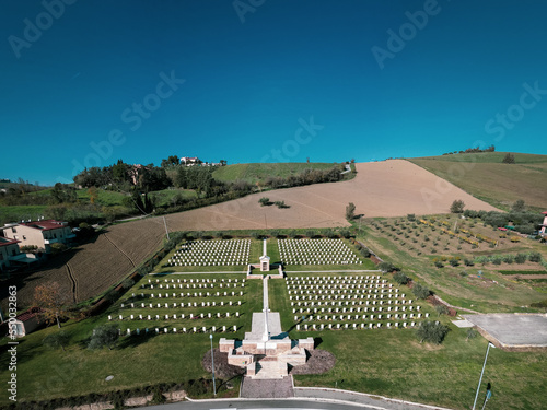 Italy, November 26, 2022: aerial view of the English war cemetery in Montecchio in the province of Pesaro and Urbino in the Marche region