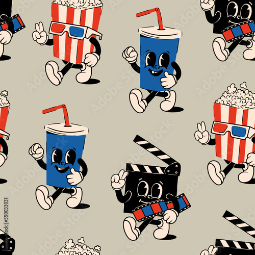 Popcorn, soda drink, clapperboard. Cute cartoon characters with hands, legs, eyes. Retro comic style. Cinema, movie theater, movie watching concept. Hand drawn Vector seamless Pattern