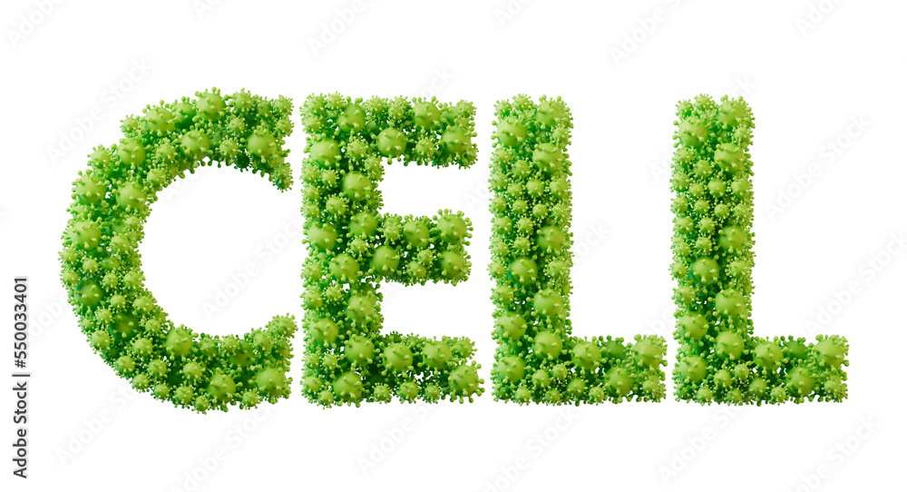 Cell word made from green bacteria cell molecule font. Health and wellbeing. 3D Rendering Cell word made from green bacteria cell molecule font. Health and wellbeing. 3D Rendering
