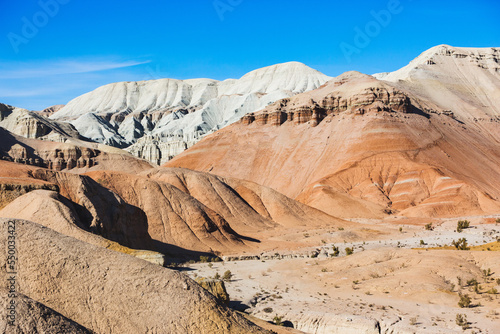 Multicolored Aktau mountains in the Altyn Emel National Park landscape. Kazakhstan