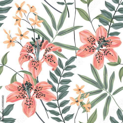 Seamless floral pattern with tropical plants in pastel colors. Beautiful flower print with hand drawn exotic flowers, leaves, large lilies on a white background. Vector botanical illustration.
