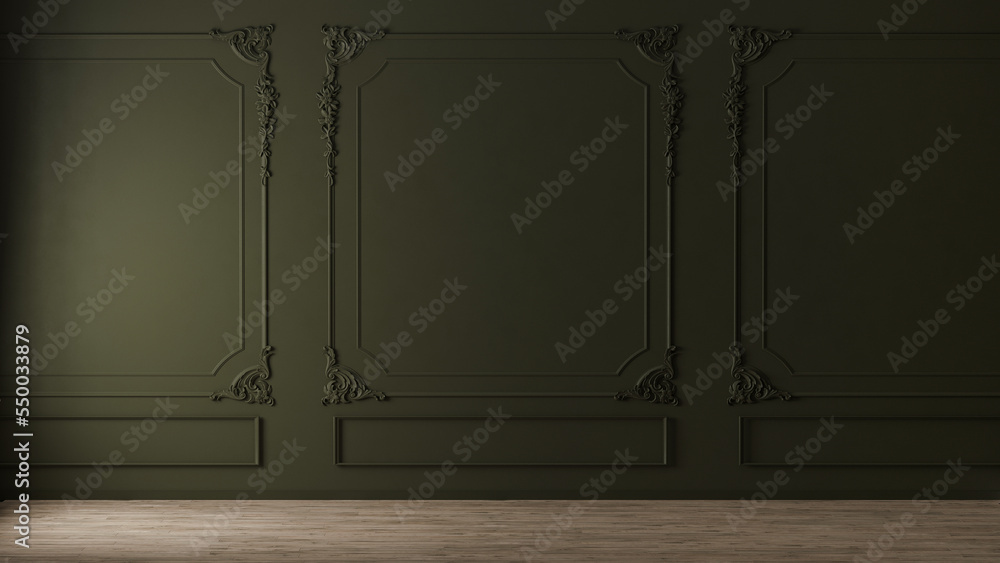 Green wall with classic style mouldings and wooden floor, empty room interior, 3d render Green wall with classic style mouldings and wooden floor, empty room interior, 3d render
