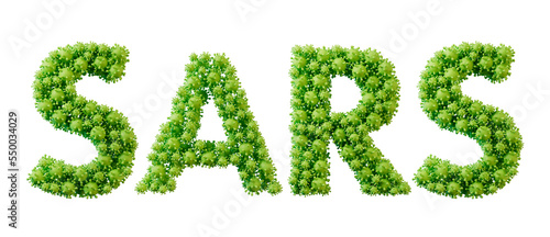 Sars word made from green bacteria cell molecule font. Health and wellbeing. 3D Rendering