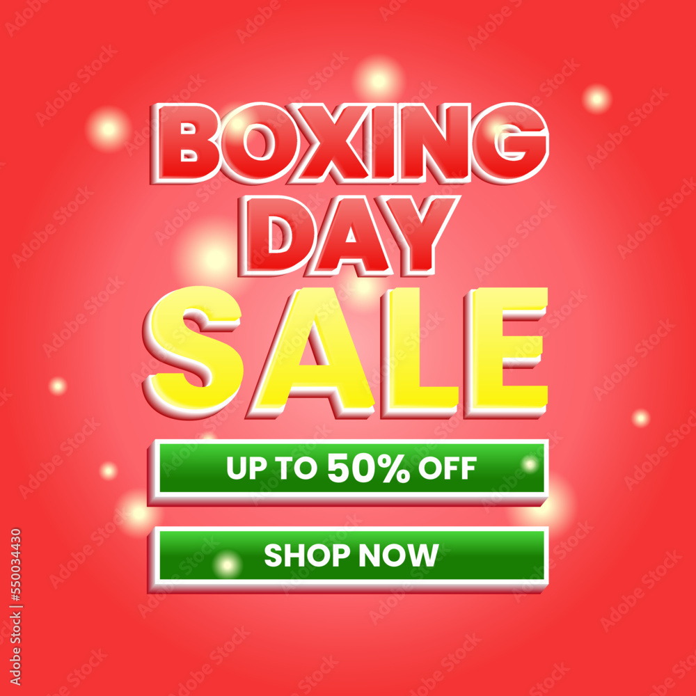simple promotion poster design template for boxing day sale. 3d text, red background.  colorful, minamal, modern style. white, red, green, yellow. use for banner, advert, promotion