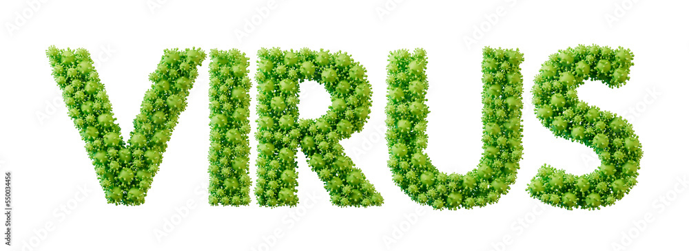 Virus word made from green bacteria cell molecule font. Health and wellbeing. 3D Rendering Virus word made from green bacteria cell molecule font. Health and wellbeing. 3D Rendering