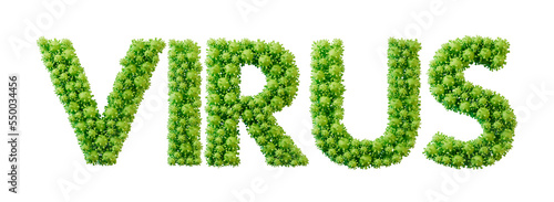 Virus word made from green bacteria cell molecule font. Health and wellbeing. 3D Rendering