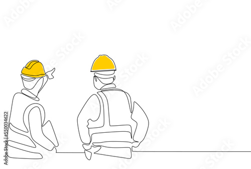 Single continuous line drawing of young construction manager giving instruction to builder coordinator at site meeting. Building architecture business concept. One line draw design vector
