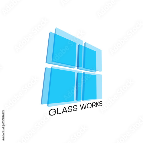 Glass works icon. Window installing or cleaning service, house construction or real estate company vector symbol, icon or abstract emblem with transparent blue window glass