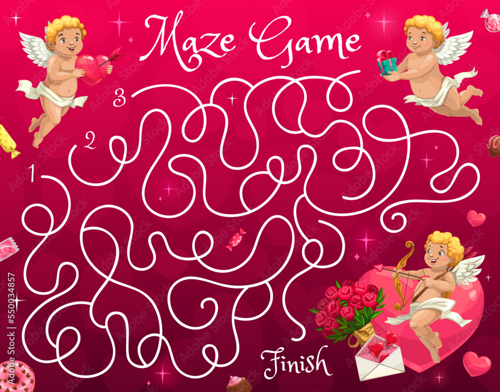 Labyrinth maze game, cartoon cupids and angels, vector puzzle worksheet. Labyrinth maze riddle to find way to heart for cupid angels with love arrows and letters, chocolate candy and Valentine flowers Labyrinth maze game, cartoon cupids and angels, vector puzzle worksheet. Labyrinth maze riddle to find way to heart for cupid angels with love arrows and letters, chocolate candy and Valentine flowers