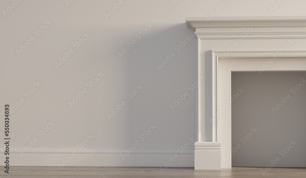 Fototapeta premium Large traditional fireplace without a fire. Blank walls. Empty mantle piece mockup shelf. 3D Rendering