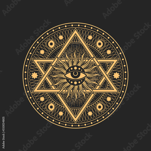 Obraz na plátně Pentagram with magic eye, satanic star in sun rays circle