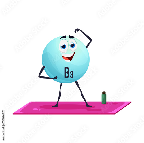 Cartoon vitamin B3 character on fitness. Isolated vector funny Niacin capsule personage exercising on mat gym. Nutrient blue bubble sportsman workout, healthy lifestyle, fortified nutririon, sport