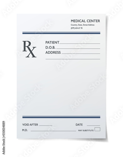 Realistic medical prescription rx form. Pharmacy and hospital vector blank paper sheet. Medical center or hospital research , doctor or pharmacist prescription, medication recipe document template