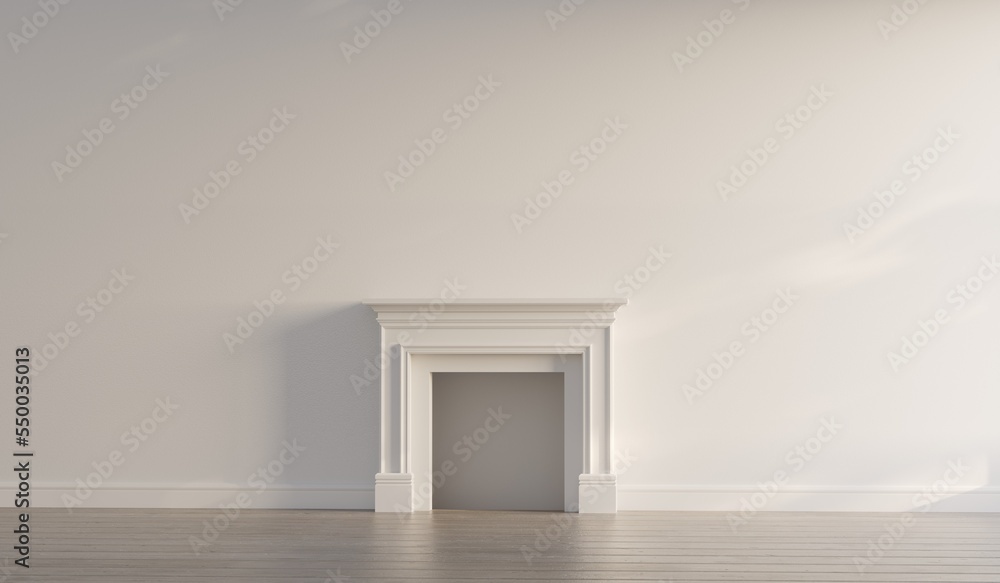 Obraz premium Large traditional fireplace without a fire. Blank walls. Empty mantle piece mockup shelf. 3D Rendering