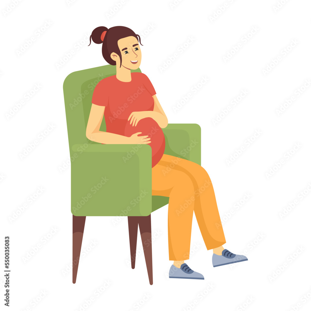 Pregnant woman lifestyle cartoon vector illustration. Happy future mom resting in a green chair. Female pregnancy concept Pregnant woman lifestyle cartoon vector illustration. Happy future mom resting in a green chair. Female pregnancy concept