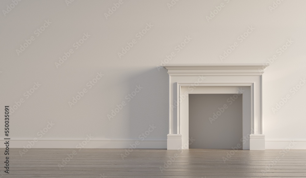 Fototapeta premium Large traditional fireplace without a fire. Blank walls. Empty mantle piece mockup shelf. 3D Rendering