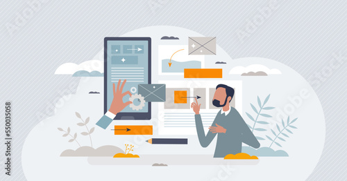 UX design or user experience with website interface and app layers alignment tiny person concept. Effective, responsive and easy creation process for project online management vector illustration.