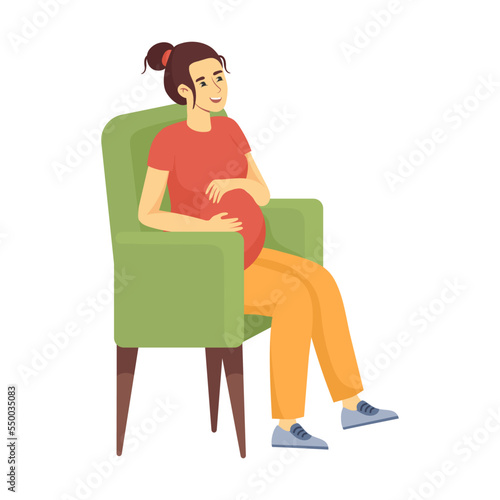 Pregnant woman lifestyle cartoon vector illustration. Happy future mom resting in a green chair. Female pregnancy concept