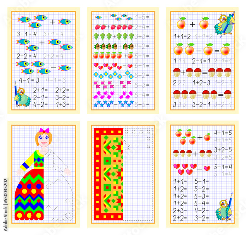 Set of educational pages on square paper for little children. Coloring book. Developing writing, counting, drawing and tracing skills. Printable worksheets for kids school textbook. Back to school.