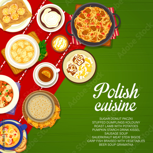 Polish cuisine menu cover. Sausage soup, pumpkin starch drink Kissel and meat stew Bigos, cup of tea, roast lamb and stuffed dumplings, braised carp fish, sugar donut Paczki and beer soup Gramatka