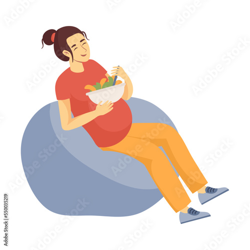 Pregnant woman lifestyle cartoon vector illustration. Happy future mom having lunch sitting in an easy chair. Female pregnancy concept