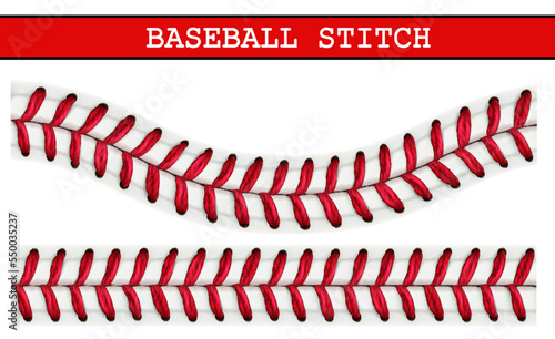 Baseball lace pattern. Baseball ball realistic stitch. Sport tournament or championship 3d vector background or backdrop with realistic white leather hardball, red thread seam