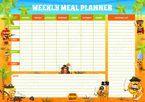 Weekly meal planner cartoon pirates fastfood characters on treasure island. Vector timetable with funny hot dog, nachos, coffee, donut and burger. Pizza, ice cream and cake corsairs. Week food plan