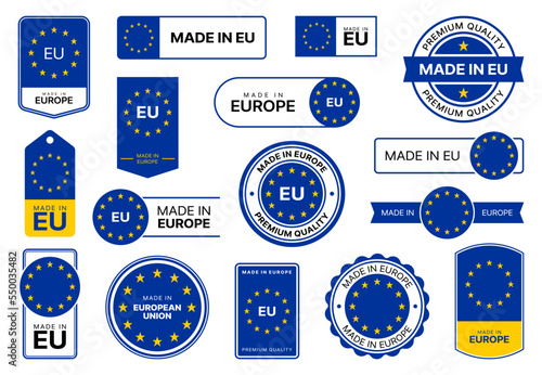 Made in EU. Europe quality icons, labels with flag. Product warranty badge, quality guarantee certificate stamp or brand production country vector insignia or tag with European Union flag stars