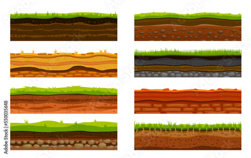 Soil ground layers, cartoon level surface landscape, vector game asset. Cartoon game level and platform of soil ground and underground layers, grass hills, desert sand and stone rock surfaces