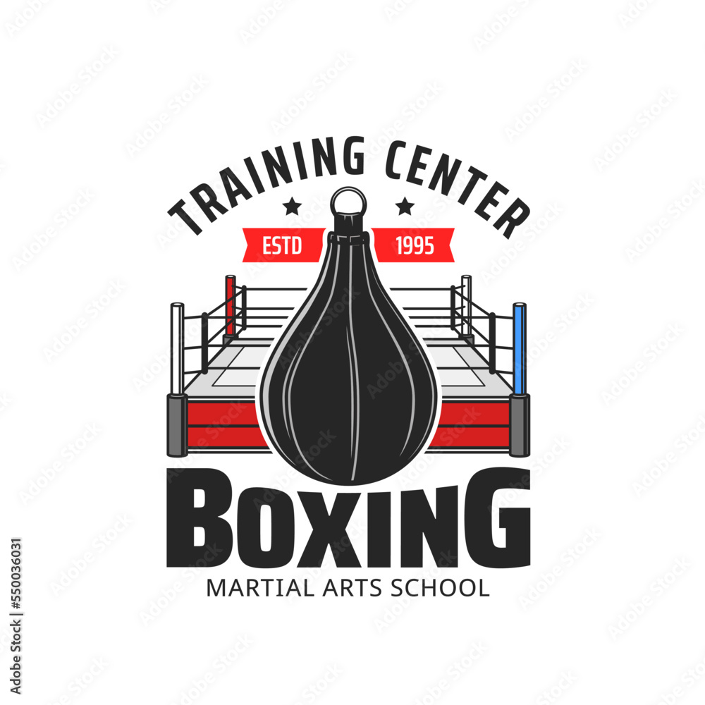 Boxing training center icon with box sport vector equipment. Boxer punching  bag and boxing ring with