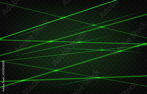 Green laser beams and lights realistic background. Security system scanner laser rays, science tech and disco illumination realistic vector light effect with glowing neon green light crossed beams