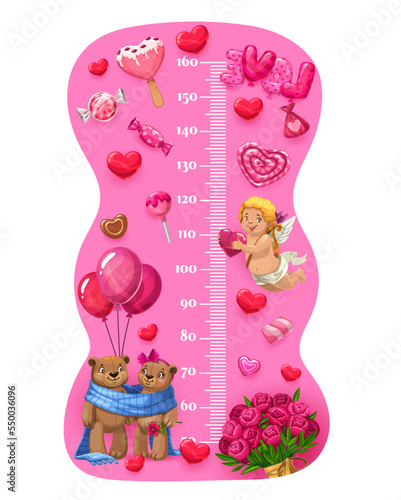 Cartoon hearts, sweets and toys, kids height chart and growth meter. Vector measure ruler with pink centimeter scale, couple of cute bears and Cupidon angel, candies, balloons and red rose flowers