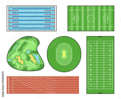 Stadium and pool tracks, golf, cricket, american football, lacrosse sport grounds, field and court. Sport competition arena, championship teams stadium playground lawn lines layout, background