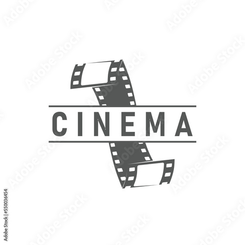 Cinema icon, movie theater emblem with film strip, vector cinematography emblem. Cinema theater or movie production studio sign of retro video camera filmstrip for premiere or TV channel symbol