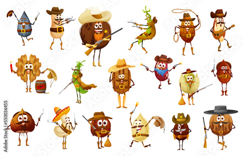 Nuts and beans cowboy, sheriff, ranger, robber and bandit characters. Vector coconut, peanut, walnut, sunflower or pumpkin seeds. Macadamia, almond, cashew or pistachio, coffee and brazilian nut