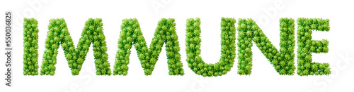 Immune word made from green bacteria cell molecule font. Health and wellbeing. 3D Rendering