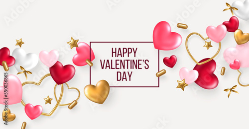 Happy Valentine's day poster voucher, 3d rose pink heart, golden metal shape, star and bows, frame on white background. Vector illustration. Place for text. Gift card, love party, Valentin sale flyer